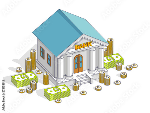 Old cartoon bank building with cash money dollar pile and cent stack cartoon isolated over white background. 3d vector business and finance design, isometric thin line illustration.