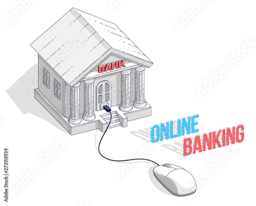 Bank building with computer mouse connected, Online Banking, cartoon isolated on white background. Isometric vector business and finance illustration, 3d thin line design.