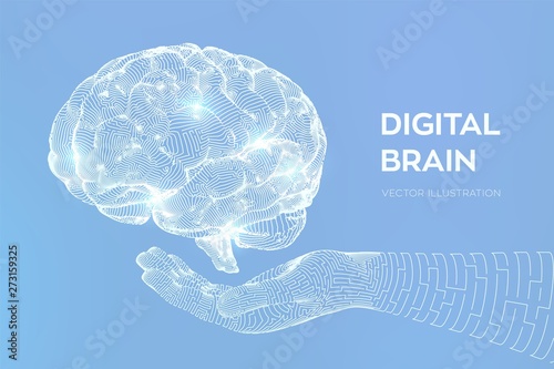 Brain. Digital brain in hand. 3D Science and Technology concept. Neural network. IQ testing, artificial intelligence virtual emulation science technology. Brainstorm think idea. Vector illustration.