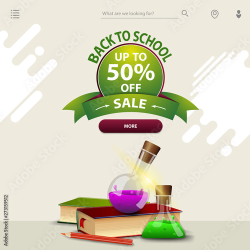 Back to school sale, a template for your website in a minimalist light style with books and chemical flasks