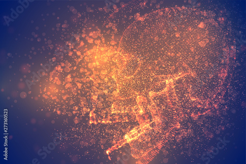 Abstract vector background with particles in the form of a human skull. orange decay