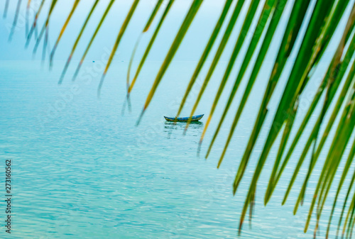 Behind palm leaves boat in the sea