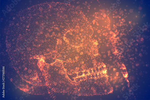 Abstract vector background with particles in the form of a human skull. orange decay