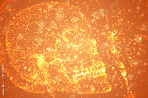 Abstract vector background with particles in the form of a human skull. orange decay