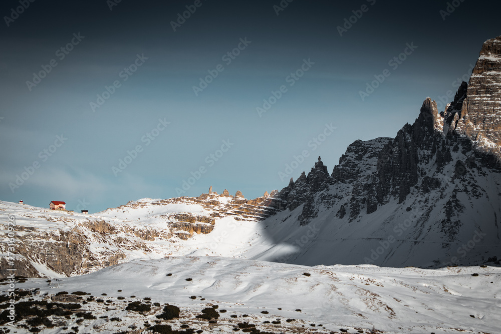 tre cime di lavaredo cabin mountain isolated close up, view from monte piana, dolomites italy