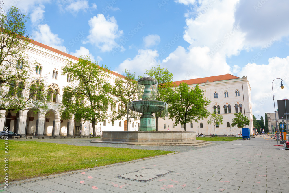 Scholl Siblings Plaza and the main building of the Ludwig Maximilian University in Munich, Germany on May 30th 2019. Famous place for the White Rose Resistance Movement against Nazi 