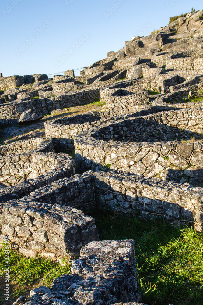 Ancient circular stone structures in Castro de Santa Trega, Galicia, Spain
