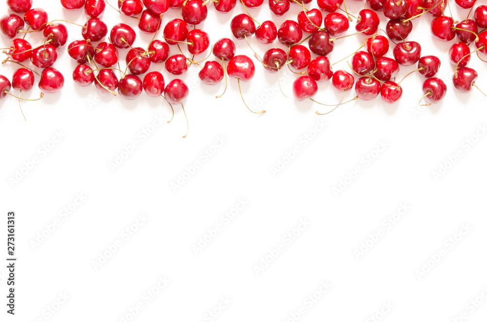 Creative fresh cherry pattern background with copy space. Food concept. Top view. - Image Creative fresh cherry pattern background with copy space. Food concept. Top view. - Image