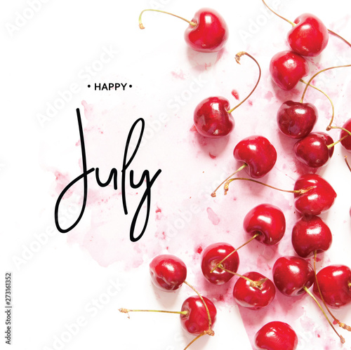 Inscription Happy July. Creative fresh cherry pattern background. - Image