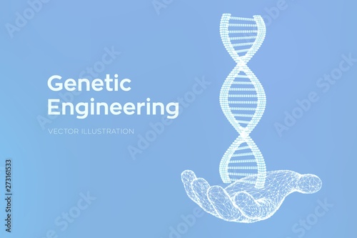 DNA sequence in hand. Wireframe DNA molecules structure mesh. DNA code editable template. Science and Technology concept. Vector illustration.