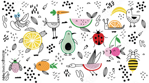 Set animals fruit characters Doodle vector illustration hand drawn