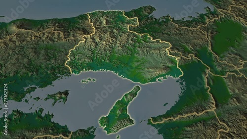 Hyogo - prefecture of Japan zoomed on the physical map of the globe. Animation 3D photo