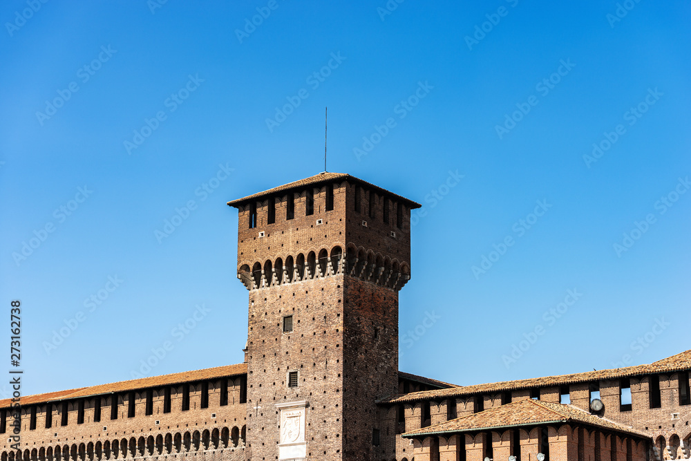 Sforza Castle XV century (Castello Sforzesco) Milan, Lombardy, Italy, Europe. Tower of Bona (Torre di Bona di Savoia 1476)