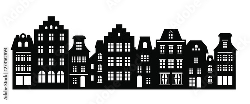 Laser cutting Amsterdam style houses. Silhouette of a row of typical dutch canal view at Netherlands. Stylized facades of old buildings. Wood carving vector template. Background for banner  card.