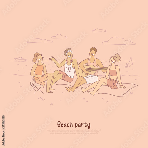 People having chat on shore of sea, ocean, musician playing guitar sitting on sand, summertime vacation activity banner
