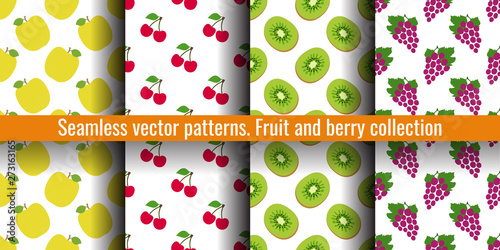 Apple, cherry, kiwi and grapes. Fruit seamless pattern set. Food print for clothes or linens.  Fashion design. Beauty vector sketch background collection