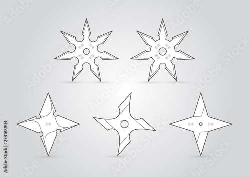 Various types of vector ninja throwing stars. Japanese text Ninja.