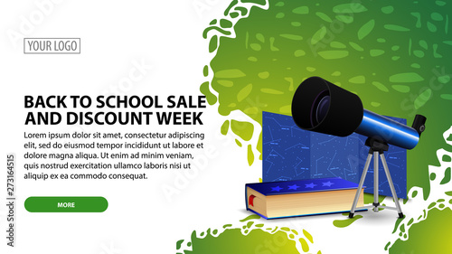 Back to school sale and discount week, modern horizontal web banner with beautiful texture, telescope, a map of the constellations and the encyclopedia of astronomy