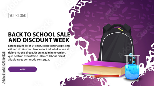Back to school sale and discount week, modern horizontal web banner with beautiful texture, school backpack, a book and a chemical flask