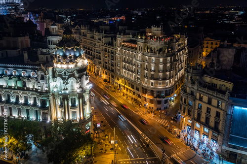 Madrid, Spain, Night View of Landmark Buildings on Gran Via Street