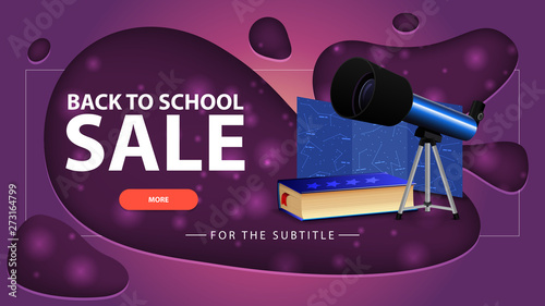 Back to school sale, pink discount banner with modern design for your website with telescope, a map of the constellations and the encyclopedia of astronomy