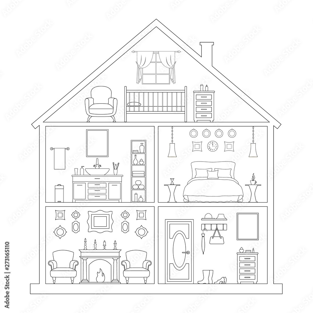 Outline style house. Linear model of the cottage in the section. The layout of the rooms in the house. Vector drawing with thin lines.