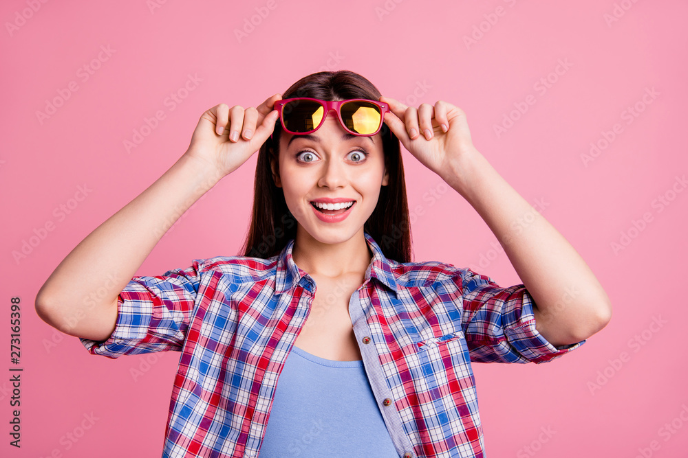 Portraiut of cute nice attractive youth millennial touch specs scream shout astonished impressed incredible information discount trip free time plaid shirt modern clothes isolated pink background Portraiut of cute nice attractive youth millennial touch specs scream shout astonished impressed incredible information discount trip free time plaid shirt modern clothes isolated pink background