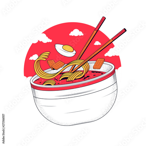Ramen noodles. Noodles with egg and meat. Bowl with ramen and sticks on the background of the sun and clouds. Vector illustration