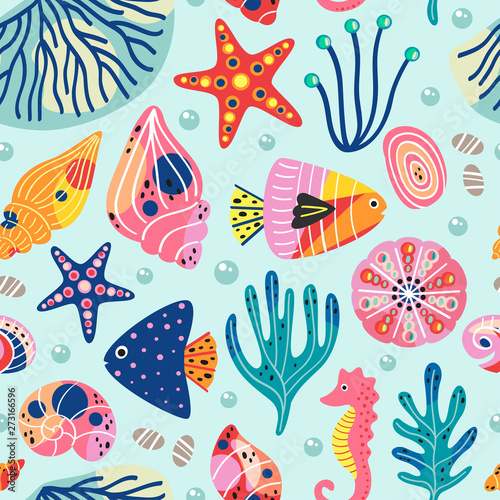 seamless pattern with beautiful underwater sea life  - vector illustration, eps