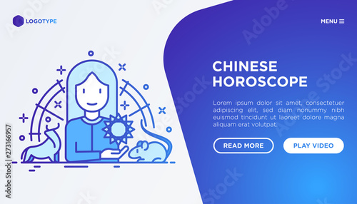 Chinese horoscope web page template. Astrologer with gradient flat animal icons around. Modern vector illustration.
