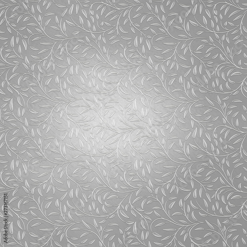 Realistic texture with leaves on silver metallic background.