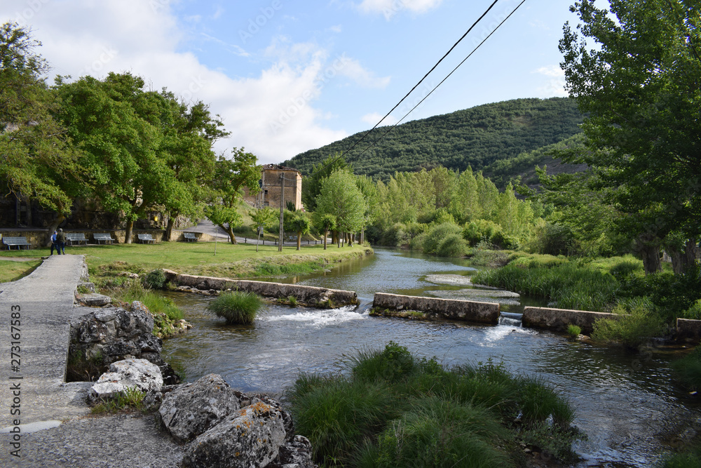 Obraz premium Río pasando a través de montañas y bosques.