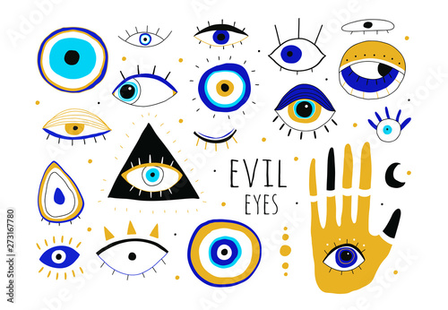 Evil eyes. Set of hand drawn various talismans. Different shapes. Flat design. Free hand drawing style. Contemporary modern trendy vector illustration. All elements are isolated