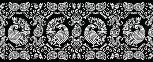 Seamless traditional indian black and white peacock border