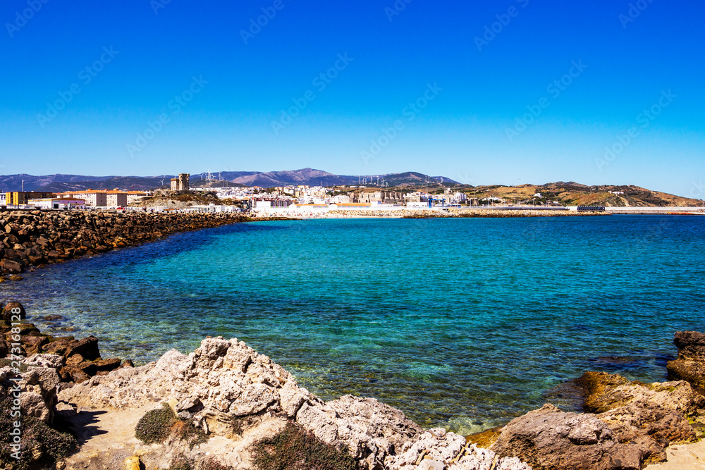 View of Tarifa from Isla de las Palomas and Punta de Tarifa, the southernmost point of continental Europe in Andalusia, Spain View of Tarifa from Isla de las Palomas and Punta de Tarifa, the southernmost point of continental Europe in Andalusia, Spain