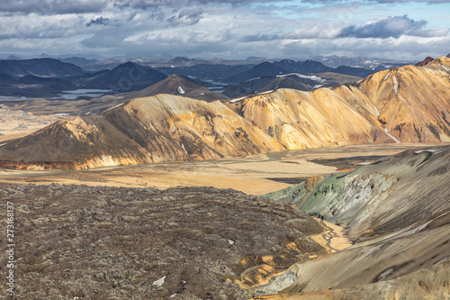 Landmannalaugar National Park - Iceland. Rainbow Mountains. Aerial view of beautiful colorful volcanic mountains. Summer time.