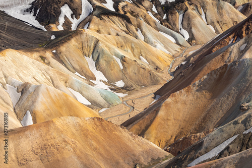 Landmannalaugar National Park - Iceland. Rainbow Mountains. Aerial view of beautiful colorful volcanic mountains. Summer time.