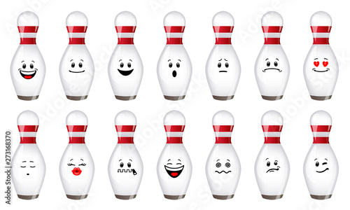 Vector set of skittles for bowling. Collection of emoticons of skittles for bowling with different emotions in cartoon style on isolated background