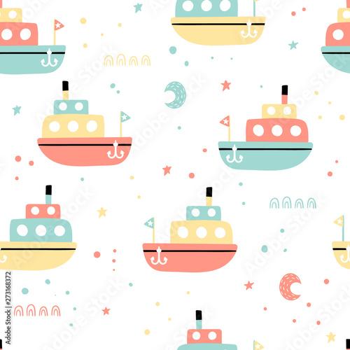 Seamless pattern with cute ships