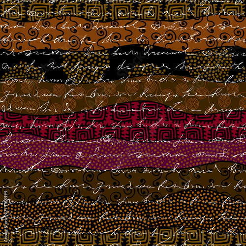 Ethnic boho seamless pattern in african style on black background. Tribal art print. Patchwork style. Vector image.