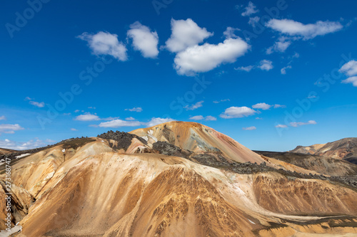 Landmannalaugar National Park - Iceland. Rainbow Mountains. Aerial view of beautiful colorful volcanic mountains. Summer time.