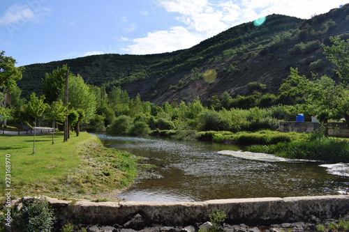 Río pasando a través de montañas y bosques.