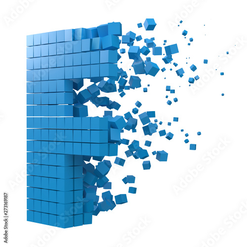 letter F shaped data block. version with blue cubes. 3d pixel style vector illustration.