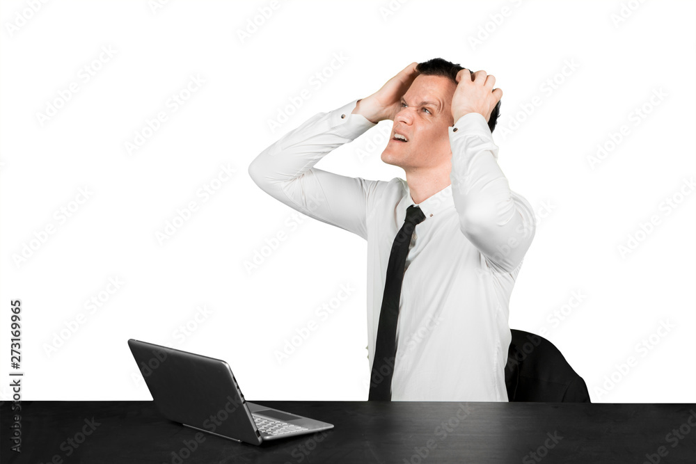 Frustrated Caucasian manager works in the studio Frustrated Caucasian manager works in the studio