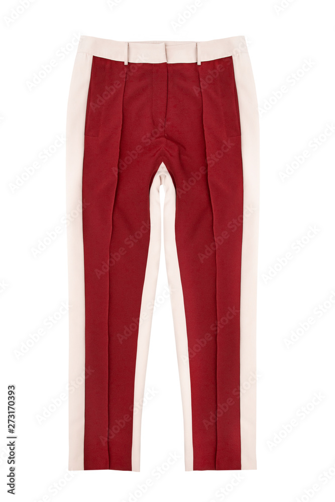  Red pants with stripes on the sides isolated on white background