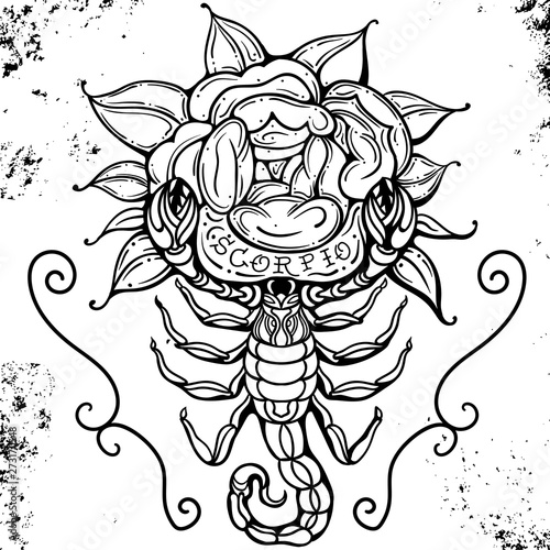 Beautiful line art filigree zodiac symbol. Black sign on vintage background. Vector clipart. Elegant jewelry tattoo. Scorpio