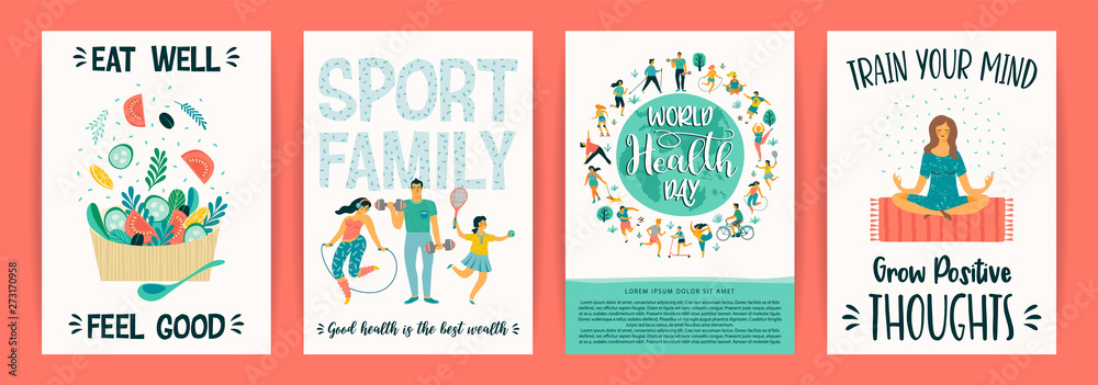 Vector templates with people leading an active healthy lifestyle.