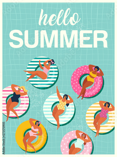 Hello Summer banner with gils on inflatable swim ring in swimming pool floats background, exotic floral design for banner, flyer, invitation, poster, web site or greeting card.