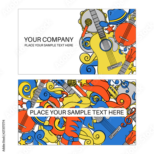 COUNTRY MUSIC BUSINESS CARD American Cowboy Western Festival Vector Illustration Set for Print Fabric and Decoration
