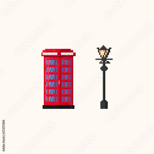 8 bit retro red phone booth and lamp.Pixel art.payphone vector.